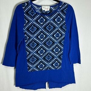 Vince Camuto Tunic Top Womens Size Small Blue Ikat 3/4 Sleeves - XS